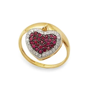 Anel Coração Pendurado em Ouro Amarelo 18k com Rubis e Diamantes