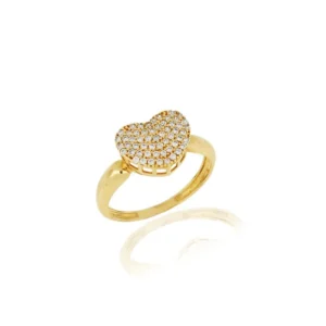 Anel Pavê Coração de Ouro Amarelo 18k com Zircônias