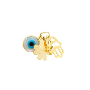 Pingente Patuá de Ouro Amarelo 18k com Olho Grego, Trevo e Mão de Fátima