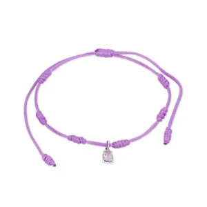 Pulseira 7 Nós Roxa com Pingente de Gota de Ouro Branco 18k