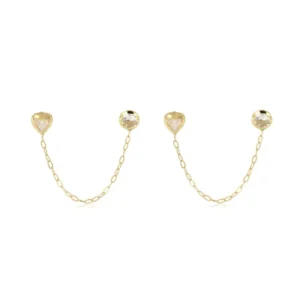 Brincos 2 Furos de Ouro Amarelo 18k Redondo e Coração com Zircônias