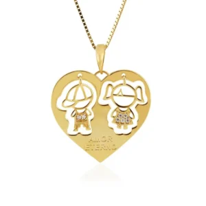 Pingente Coração Menina e Menino de Ouro Amarelo 18k com Zircônias