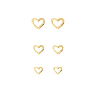 Conjunto de 3 Brincos Infantis de Coração Vazado de Ouro Amarelo 18K