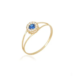 Anel Redondo de Ouro Amarelo 18k com Zircônias Azul e Brancas