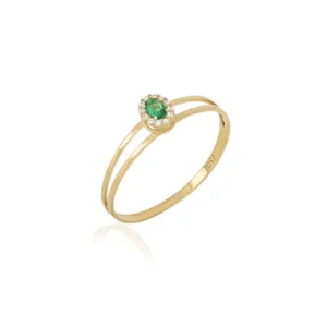 Anel Oval P de Ouro Amarelo 18k com Zircônias Verde e Brancas