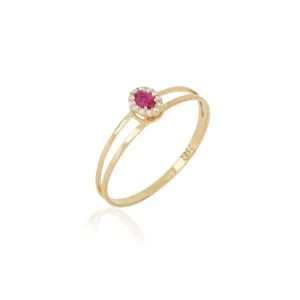 Anel Oval P de Ouro Amarelo 18k com Zircônias Vermelha e Brancas