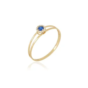 Anel Redondo P de Ouro Amarelo 18k com Zircônias Azul e Brancas