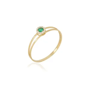 Anel Redondo P de Ouro Amarelo 18k com Zircônias Verde e Brancas